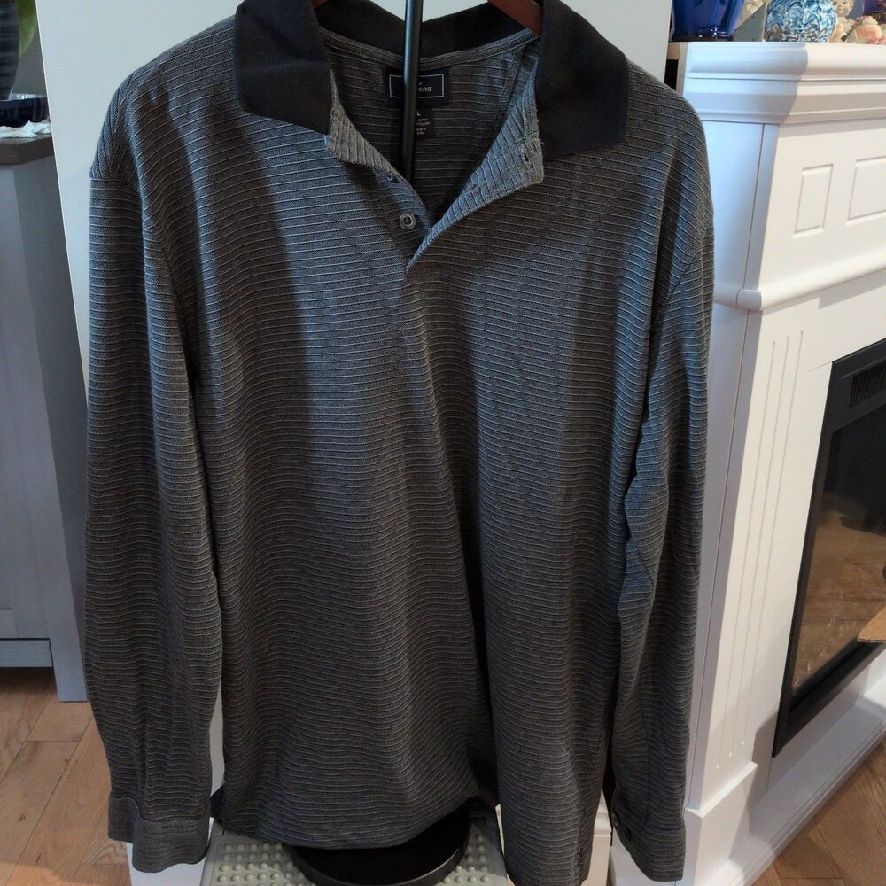 Dockers Premium Mens Knit Polo Shirt L Large Grey Black Contrast Collar Long Slv